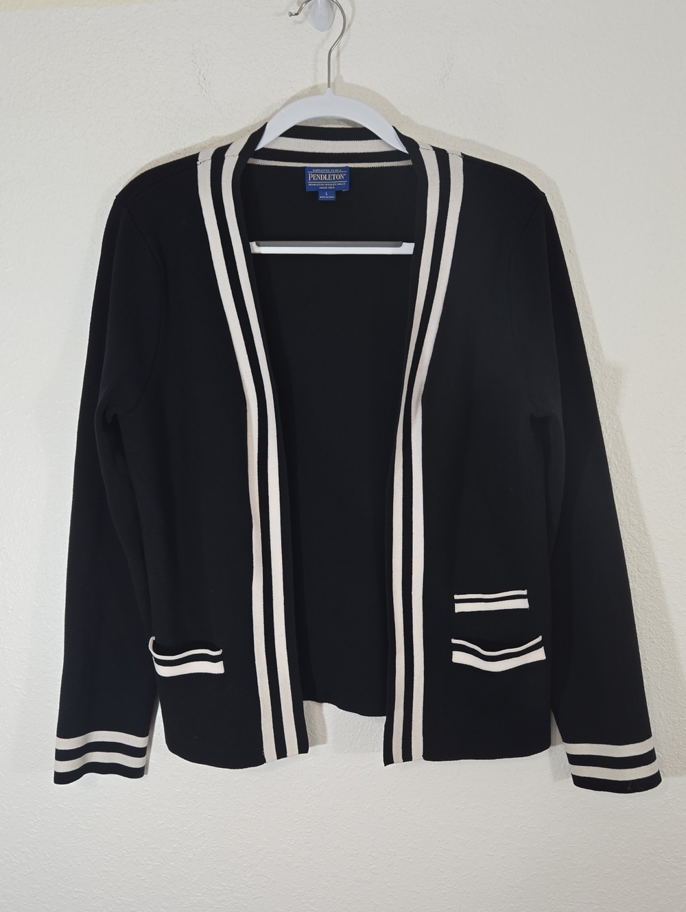 Pendleton Black Open-Front Cardigan w/White Trim Office Church, size Large
